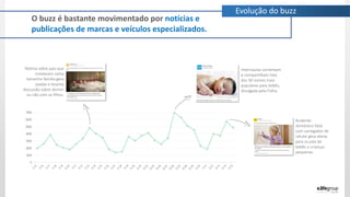 O buzz é bastante movimentado por notícias e
publicações de marcas e veículos especializados.
Evolução do buzz
Internautas comentam
e compartilham lista
dos 50 nomes mais
populares para bebês,
divulgada pela Folha.
Acidente
doméstico fatal
com carregador de
celular gera alerta
para os pais de
bebês e crianças
pequenas.
Notícia sobre pais que
instalaram cama
tamanho-família gera
piadas e levanta
discussão sobre dormir
ou não com os filhos.
 