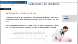  O pediatra deixa de ser a única fonte de referência
 É comum que as mães não obedeçam às recomendações do pediatra e sim à sua
intuição: elas desafiam regras e acreditam que podem definir o que é melhor para seus
filhos.
 Pais buscam pediatras antenados, que falem a língua das redes e entendam que eles vão
com informações prévias. A partir daí surge uma relação de investigação e confiança.
Essas ‘modernidades’ são apenas para que as mães se empoderem e não
fiquem presas nos modelos impostos pela medicina tradicional e possam
maternar mais livremente, ter filhos mais felizes e saudáveis. Mas claro, quem
quiser continuar seguindo a risca aquela receitinha de cardápio fixo que o
pediatra passa igualzinho para 30 crianças por dia, vai de cada uma.
Acho o seguinte, pediatra lhe pareceu apegado ao gráfico? Caia fora!! Isso se
chama profissional desatualizado.
“
”
”
“
MENOR INFLUÊNCIA DO MÉDICO
288
menções
a pediatra
1
PEDIATRA
 