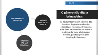 SEM BARREIRAS
DE GÊNERO 1.MENINOS
BRINCAM DE
BONECA
2.MENINAS
NÃO SÃO
PRINCESAS
As novas mães buscam a quebra das
barreiras de gênero e o fim dos
estereótipos machistas. Brinquedos
específicos para meninos ou meninas
tendem a dar lugar a brinquedos
neutros, guiados apenas pela
imaginação da criança.
O gênero não dita a
brincadeira:
Lazer
 