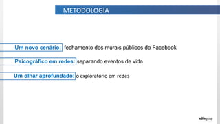 Psicográfico em redes: separando eventos de vida
Um olhar aprofundado: o exploratório em redes
Um novo cenário: fechamento dos murais públicos do Facebook
METODOLOGIA
 