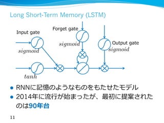 Long Short-Term Memory (LSTM)
l RNNに記憶のようなものをもたせたモデル
l 2014年に流⾏が始まったが、最初に提案された
のは90年台
11
Input gate
tanh
sigmoid
Output gate
sigmoid
sigmoid
Forget gate
 
