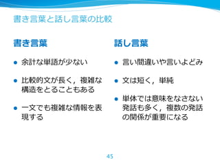 書き⾔葉と話し⾔葉の⽐較
書き⾔葉
l 余計な単語が少ない
l ⽐較的⽂が⻑く，複雑な
構造をとることもある
l ⼀⽂でも複雑な情報を表
現する
話し⾔葉
l ⾔い間違いや⾔いよどみ
l ⽂は短く，単純
l 単体では意味をなさない
発話も多く，複数の発話
の関係が重要になる
45
 