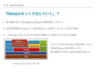 4 / 5 : Apache Spark
Hadoop
▸ MapReduce Spark
▸ 2010 Hadoop = MapReduce + HDFS
▸ Hadoop
OS
HDFS
Hive e.t.c.
HBaseMapReduce
YARN
Impala
e.t.c in-
memory SQL
engine
Spark
Spark Streaming, MLlib,
GraphX, Spark SQL)
Hadoop
HDFS S3  
YARN Mesos  
/
 