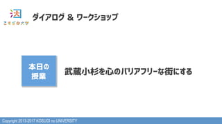 Copyright 2013-2017 KOSUGI no UNIVERSITY
ダイアログ & ワークショップ
本日の
授業
武蔵小杉を心のバリアフリーな街にする
 