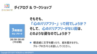 Copyright 2013-2017 KOSUGI no UNIVERSITY
ダイアログ & ワークショップ
3時限目
グループワーク
そもそも、
「心のバリアフリー」って何でしょうか？
そして、心のバリアフリーがない街は、
どのような姿なのでしょうか？
l  模造紙に文字を綴ったり、絵を描きながら、 
グループの方々とお話ししてください。
20:30-20:45
(15分間)
 