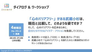 Copyright 2013-2017 KOSUGI no UNIVERSITY
ダイアログ & ワークショップ
4時限目
グループワーク
＋ 発表
「心のバリアフリー」がある武蔵小杉は、
現在と比較して、どのような姿ですか？
そして、心のバリアフリーを広めるために、
自分たちでできるアイデア・アクションを発表してください。
l  発表用シートの記入 (10分) ＋ 発表(各グループ1分)
l  武蔵小杉で「心のバリアフリー」を採り入れたい具体的なスポット
やシーンがあるとBetter
20:45-21:05
(20分間)
 