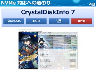 48NVMe 対応への道のり
CrystalDiskInfo 7
PATA/SATA RAID USB
(IEEE1394)
NVMe
 