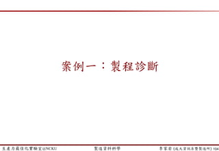 生產力最佳化實驗室@NCKU 智慧製造與生產線上的資料科學 李家岩 (成大資訊系暨製造所)
案例3: Yield Prediction (良率/精度預測)
 預測的結果
 Testing Dataset with R2, Adjusted R2, Mean Squared Error(MSE), etc.
104
Yield/Precision/MetrologyValue
Lot
 