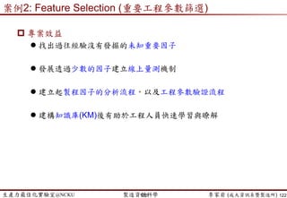 生產力最佳化實驗室@NCKU 智慧製造與生產線上的資料科學 李家岩 (成大資訊系暨製造所)
人機比與工作研究
 工廠稼動率條件
 強假設：人員動  車台動  物料動
 車台的稼動率基本上會低於人員的工作效率
 觀察操作員的時間分解
 人員工作效率：80% ～ 85%
 因此，機台稼動率之上限即為人員工作效率(80% ～ 85%)
 200 * 80% = 160 (台) 到 200 * 85% = 170 (台) 之間為理想機台運作數
 小結
 每天若在戰情表(Dashboard)上看到機台只有160台在Run (並不糟喔)
 改善
 改善人員操作的作業順序 (eg. 有機台停機時要先處理，而非填表單)
122
 