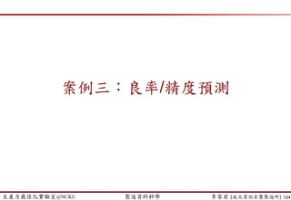 生產力最佳化實驗室@NCKU 智慧製造與生產線上的資料科學 李家岩 (成大資訊系暨製造所)
人機比與工作研究
 收集資料  現場觀察 (工作研究 / time-motion study)
 優點
 資料準確客觀
 為當下現況資料 (較即時)
 缺點
 很花時間
 觀察的時間會很分散片段 (某製程/工序這次沒觀察到，要等下次)
 缺少現場實務經驗，資料解釋不易 (需現場人員協助)
 建議可與學校合作~
 學校不只是只有理論與方法的地方
 更是培育人才的地方 (其實對現場來說，就是因為學生很多不懂  才能
把觀察到的事實講出來  藉機學習、也與業界腦力激盪)
124
 