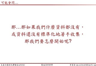 生產力最佳化實驗室@NCKU 智慧製造與生產線上的資料科學 李家岩 (成大資訊系暨製造所)
Scheduling Methodology
 JSP is among the hardest combinatorial optimization problems.
 Heuristic Method (Priority Rule)
 First-in-first-out (FIFO), shortest processing time (SPT), earliest due date
(EDD), etc.
 Pros: easy to understand
 Cons: poor performance for complicated production line
 Mathematical Programming
 Optimization-based approach formulated by mixed integer programming
 Pros: Guarantee global optimum
 Cons: computational burden for large-scale problem
 Meta-Heuristic Algorithm (Tabu, Simulated Annealing, Genetic Algorithm)
 Approximated-optimization approach
 Pros: provide a good solution efficiently
 Cons: cannot guarantee the global optimum
 