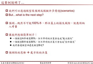 生產力最佳化實驗室@NCKU 智慧製造與生產線上的資料科學 李家岩 (成大資訊系暨製造所)
Empirical Study (Lee and Chiang, 2016)
 Empirical Study- Taiwan TFT-LCD Manufacturer
 We introduce a two-phase framework to decide the best capacity level
reducing the losses (i.e., risks) of capacity surplus and capacity
shortage.
 1st stage: Demand Forecast (預測模型)
 Linear Regression
 Autoregression
 Neural Network
 2nd stage: Capacity Decision (最佳化模型)
 Expected Value (EV, 期望值)
 Minimax Regret (MMR, 薩維基準則)
 Stochastic Programming (SP, 隨機規劃)
192
 