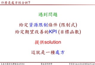 生產力最佳化實驗室@NCKU 智慧製造與生產線上的資料科學 李家岩 (成大資訊系暨製造所)
方法複雜度與附加價值
207
Source: CRISIL GR&A analysis
Operations Research 作業研究
(多角化、投資組合、排程、產能規劃、製程監控)
 