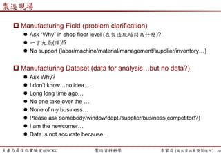 生產力最佳化實驗室@NCKU 智慧製造與生產線上的資料科學 李家岩 (成大資訊系暨製造所)
案例一：製程診斷
70
案例1: Process Diagnosis/ Troubleshooting (製程診斷)
 