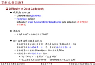 生產力最佳化實驗室@NCKU 智慧製造與生產線上的資料科學 李家岩 (成大資訊系暨製造所)
迷思
98
資料收集要多少量?
時間區間?
某個小時段  troubleshooting based on the same product-mix
模型可能可以tune的不錯、找出關鍵參數
廣大時間區間  robust forecasting based on the different product-mix
模型MSE不會太好看、換x或recipe來預測y時，主要不是預測”值”(!?)，
而是關注於”趨勢”(上升 or 下降)為主
也就是獨立變數的係數 (coefficient of independent variable)
 