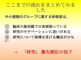 ここまでの流れをまとめてみま
した
中小規模のグループに属する研修医は、
① 臨床の最前線で日夜頑張っている
② 研究のモチベーションに迷いがある
③ 研究について指導を受ける機会が少な
い
→ 「研究」 優先順位の低下
 