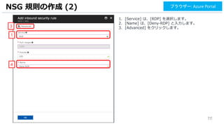 111
1. [Service] は、[RDP] を選択します。
2. [Name] は、[Deny-RDP] と入力します。
3. [Advanced] をクリックします。
NSG 規則の作成 (2)
1
3
ブラウザー: Azure Portal
4
 