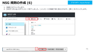 115
NSG 規則の作成 (6) ブラウザー: Azure Portal
1. [接続] をクリックします。
2. [WEST-VM.rdp のダウンロード終了しました。] メッセージが画面下部に表示されます。[開く] をクリックします。
2
1
 