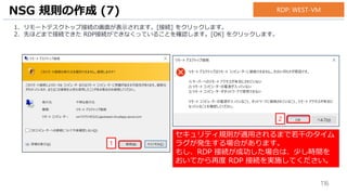 116
1. リモートデスクトップ接続の画面が表示されます。[接続] をクリックします。
2. 先ほどまで接続できた RDP接続ができなくっていることを確認します。[OK] をクリックします。
NSG 規則の作成 (7)
1
2
RDP: WEST-VM
セキュリティ規則が適用されるまで若干のタイム
ラグが発生する場合があります。
もし、RDP 接続が成功した場合は、少し時間を
おいてから再度 RDP 接続を実施してください。
 