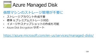 Azure Managed Disk
124
• ストレージアカウント作成不要
• 標準 & プレミアムストレージ対応
• イメージやスナップショットの作成も可能
• Azure Disk Encryption サポート
 