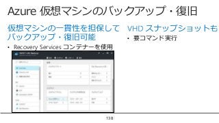 Azure 仮想マシンのバックアップ・復旧
138
• Recovery Services コンテナーを使用
• 要コマンド実行
 