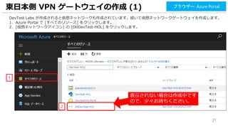 21
DevTest Labs が作成されると仮想ネットワークも作成されています。続いて仮想ネットワークゲートウェイを作成します。
1. Azure Portal で [すべてのリソース] をクリックします。
2. [仮想ネットワークアイコン] の [DtlDevTest-HOL] をクリックします。
東日本側 VPN ゲートウェイの作成 (1)
1
2
ブラウザー: Azure Portal
表示されない場合は作成中です
ので、少々お待ちください。
 