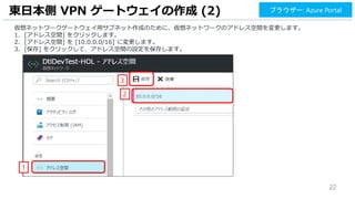 22
仮想ネットワークゲートウェイ用サブネット作成のために、仮想ネットワークのアドレス空間を変更します。
1. [アドレス空間] をクリックします。
2. [アドレス空間] を [10.0.0.0/16] に変更します。
3. [保存] をクリックして、アドレス空間の設定を保存します。
東日本側 VPN ゲートウェイの作成 (2)
1
2
ブラウザー: Azure Portal
3
 