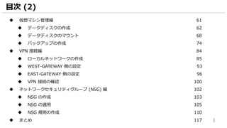 3
目次 (2)
 仮想マシン管理編 61
 データディスクの作成 62
 データディスクのマウント 68
 バックアップの作成 74
 VPN 接続編 84
 ローカルネットワークの作成 85
 WEST-GATEWAY 側の設定 93
 EAST-GATEWAY 側の設定 96
 VPN 接続の確認 100
 ネットワークセキュリティグループ (NSG) 編 102
 NSG の作成 103
 NSG の適用 105
 NSG 規則の作成 110
 まとめ 117
 