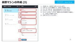 36
1. [名前] は、[WEST-VM] と入力します。
2. [VM ディスクの種類] は、[SSD] を選択します。
3. [ユーザー名] は、[azuredaisuki] と入力します。
4. [パスワード] は、[Passw0rd!!!!] と入力します。
5. [リソースグループ] は、[既存のものを使用] を選択し
て、[HOL] を選択します。
6. [OK] をクリックします。
仮想マシンの作成 (3)
1
6
ブラウザー: Azure Portal
2
3
4
5
 