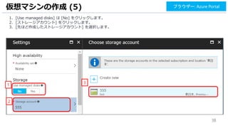 38
仮想マシンの作成 (5) ブラウザー: Azure Portal
3
1. [Use managed disks] は [No] をクリックします。
2. [ストレージアカウント] をクリックします。
3. [先ほど作成したストレージアカウント] を選択します。
2
1
 