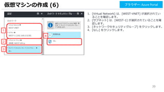 39
1. [Virtual Network] は、[WEST-VNET] が選択されてい
ることを確認します。
2. [サブネット] は、[WEST-1] が選択されていることを確
認します。
3. [ネットワークセキュリティグループ] をクリックします。
4. [なし] をクリックします。
仮想マシンの作成 (6)
1
ブラウザー: Azure Portal
2
3
4
 