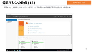 45
仮想マシン [WEST-VM] にリモートデスクトップ接続している画面が表示されることを確認します。
仮想マシンの作成 (13) RDP: WEST-VM
 