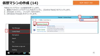46
今回はファイアウォールの設定をOff にします。
1. 画面左下のウインドウアイコンを右クリックし、[Control Panel] をクリックします。
2. [firewall] と入力し、フィルターをかけます。
3. [Windows Firewall] をクリックします。
仮想マシンの作成 (14)
1
2
3
RDP: WEST-VM
 