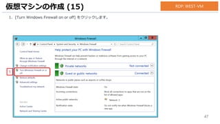 47
1. [Turn Windows Firewall on or off] をクリックします。
仮想マシンの作成 (15)
1
RDP: WEST-VM
 