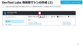 50
1. DevTest Labs [DevTest-HOL] のブレードが表示されます。[+追加] をクリックします。
DevTest Labs 用仮想マシンの作成 (2)
1
ブラウザー: Azure Portal
 
