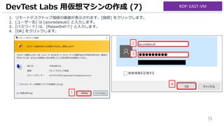 55
1. リモートデスクトップ接続の画面が表示されます。[接続] をクリックします。
2. [ユーザー名] は [azuredaisuki] と入力します。
3. [パスワード] は、[Passw0rd!!!!] と入力します。
4. [OK] をクリックします。
DevTest Labs 用仮想マシンの作成 (7)
1
2
3
4
RDP: EAST-VM
 