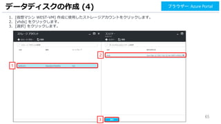 65
1. [仮想マシン WEST-VM] 作成に使用したストレージアカウントをクリックします。
2. [vhds] をクリックします。
3. [選択] をクリックします。
データディスクの作成 (4)
1
ブラウザー: Azure Portal
2
3
 