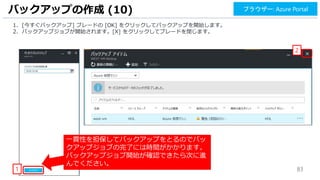 83
1. [今すぐバックアップ] ブレードの [OK] をクリックしてバックアップを開始します。
2. バックアップジョブが開始されます。[X] をクリックしてブレードを閉じます。
バックアップの作成 (10) ブラウザー: Azure Portal
1
2
一貫性を担保してバックアップをとるのでバッ
クアップジョブの完了には時間がかかります。
バックアップジョブ開始が確認できたら次に進
んでください。
 
