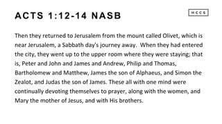 ACTS 1:12-14 NASB
Then they returned to Jerusalem from the mount called Olivet, which is
near Jerusalem, a Sabbath day's journey away. When they had entered
the city, they went up to the upper room where they were staying; that
is, Peter and John and James and Andrew, Philip and Thomas,
Bartholomew and Matthew, James the son of Alphaeus, and Simon the
Zealot, and Judas the son of James. These all with one mind were
continually devoting themselves to prayer, along with the women, and
Mary the mother of Jesus, and with His brothers.
 