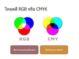 โหมดสี RGB หรือ CMYK
สื่อจากระบบคอมพิวเตอร์ สื่อในระบบการพิมพ์
 