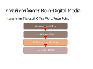 การบริหารจัดการ Born-Digital Media
• เอกสารจาก Microsoft Office Word/PowerPoint
สร ้างเอกสารแบบ Style
กําหนด Metadata
บันทึกเอกสารแบบฝังฟอนต์
ส่งออกเป็น PDF/A
 