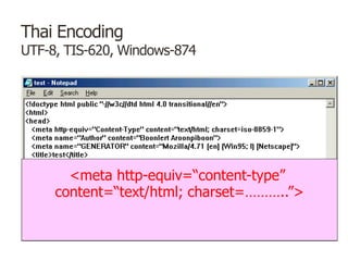 Thai Encoding
UTF-8, TIS-620, Windows-874
<meta http-equiv=“content-type”
content=“text/html; charset=………..”>
 