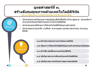 • ประชาชนทุกกลุ่มโดยเฉพาะกลุ่มผู้อยู่อาศัยในพื้นที่ห่างไกล ผู้สูงอายุ และคนพิการ
สามารถเข ้าถึงและใช ้ประโยชน์จากเทคโนโลยีดิจิทัล
• ประชาชนทุกคนมีทักษะการใช ้เทคโนโลยีดิจิทัลอย่างสร้างสรรค์
• ประชาชนสามารถเข ้าถึง การศึกษา สาธารณสุข และบริการสาธารณะ ผ่านระบบ
ดิจิทัล
๓.๑ สร้างโอกาสและความเท่าเทียมทางดิจิทัล
๓.๒ พัฒนาการใช้เทคโนโลยีดิจิทัลอย่างสร้างสรรค์และรับผิดชอบ
๓.๓ สร้างสื่อ คลังสื่อและแหล่งเรียนรู้ดิจิทัล
๓.๔ เพิ่มโอกาสทางการศึกษาด้วยเทคโนโลยีดิจิทัล
๓.๕ เพิ่มโอกาสการเข้าถึงบริการสุขภาพด้วยดิจิทัล
ยุทธศาสตร์ที่ ๓.
สร้างสังคมคุณภาพด้วยเทคโนโลยีดิจิทัล
สร้างการมีส่วนร่วม การใช ้ประโยชน์อย่างทั่วถึงและเท่าเทียม
แผนงาน
เป้ าหมาย
 