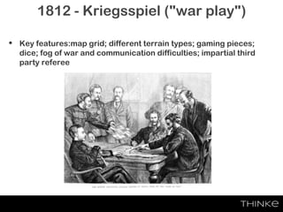 1812 - Kriegsspiel ("war play")
• Key features:map grid; different terrain types; gaming pieces;
dice; fog of war and communication difficulties; impartial third
party referee
 