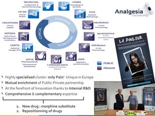 33
Highly specialized cluster: only Pain! Unique in Europe
Mutual enrichment of Public-Private partnership
At the forefront of Innovation thanks to Internal R&D
Comprehensive & complementary expertise
1. New drug : morphine substitute
2. Repositionning of drugs
 