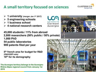 5
 1 university (merger Jan 1st 2017)
 5 engineering schools
 1 business school
 4 national research centers
45,000 students / 11% from abroad
2,800 researchers (50% public / 50% private)
1,000 PhD
54 public laboratories
900 patents filed per year
A small territory focused on sciences
The Auvergne territory belongs to the Auvergne-
Rhône-Alpes regional council from January 1st
2016
5th french area for budget for R&D
(R&D/GDP ratio)
18th for its demography
 
