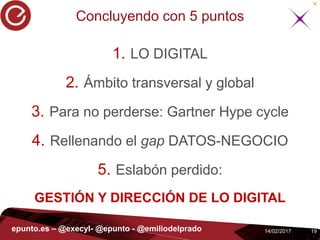 1914/02/2017epunto.es – @execyl- @epunto - @emiliodelprado
1. LO DIGITAL
2. Ámbito transversal y global
3. Para no perderse: Gartner Hype cycle
4. Rellenando el gap DATOS-NEGOCIO
5. Eslabón perdido:
GESTIÓN Y DIRECCIÓN DE LO DIGITAL
Concluyendo con 5 puntos
 