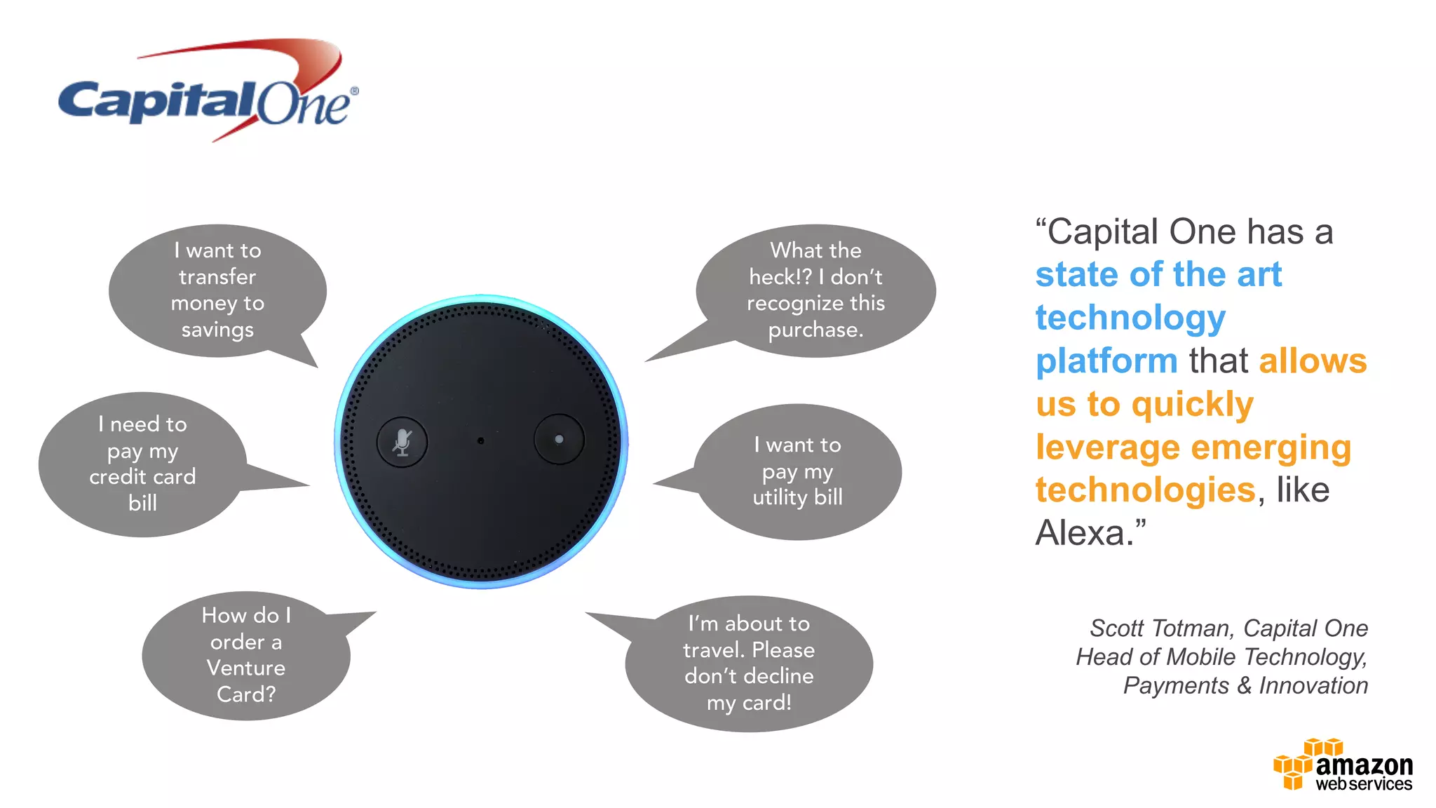 What the
heck!? I don’t
recognize this
purchase.
I want to
pay my
utility bill
I’m about to
travel. Please
don’t decline
my card!
I want to
transfer
money to
savings
I need to
pay my
credit card
bill
How do I
order a
Venture
Card?
Scott  Totman,  Capital  One
Head  of  Mobile  Technology,  
Payments  &  Innovation
“Capital  One  has  a  
state  of  the  art  
technology  
platform that  allows  
us  to  quickly  
leverage  emerging  
technologies,  like  
Alexa.”
 