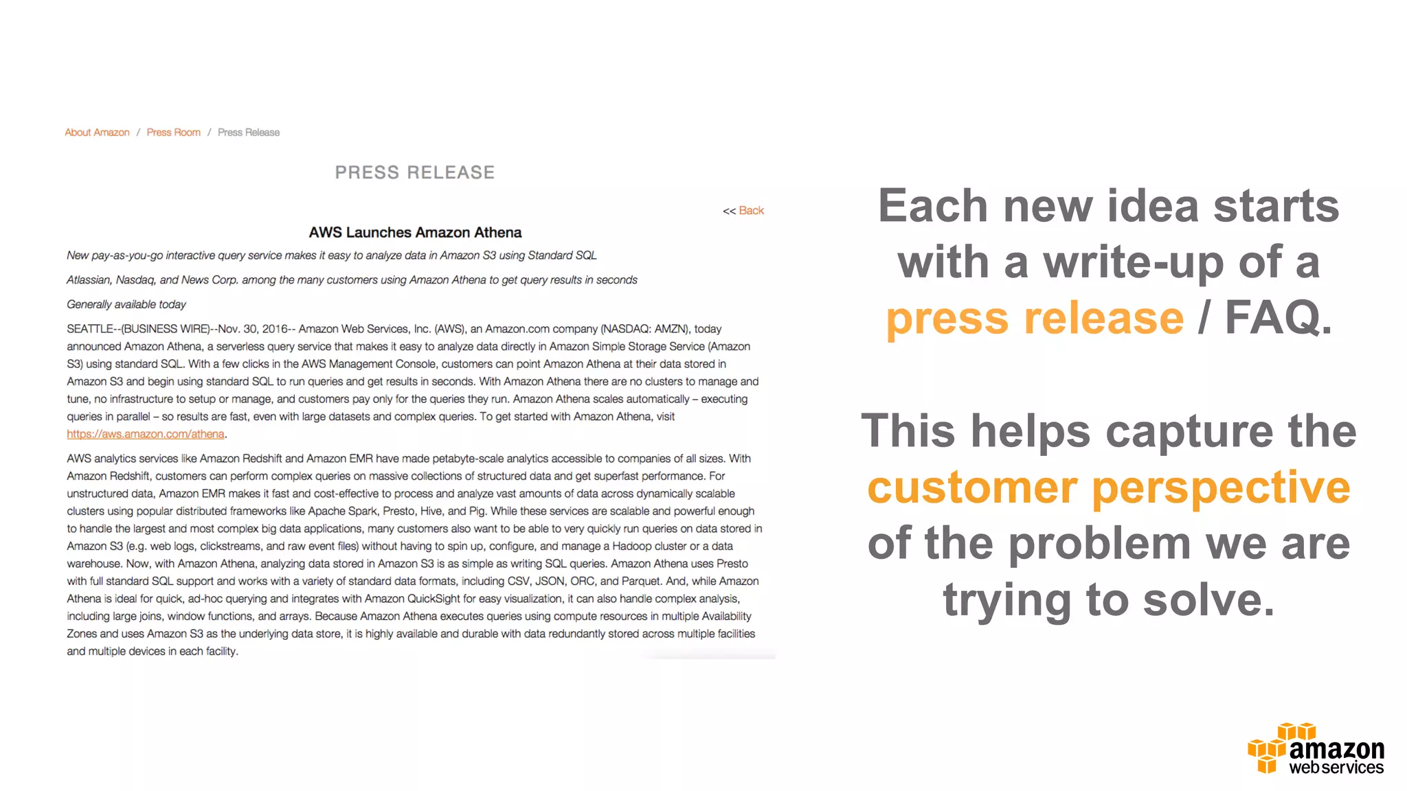 Each  new  idea  starts  
with  a  write-­up  of  a  
press  release /  FAQ.
This  helps  capture  the  
customer  perspective  
of  the  problem  we  are  
trying  to  solve.
 