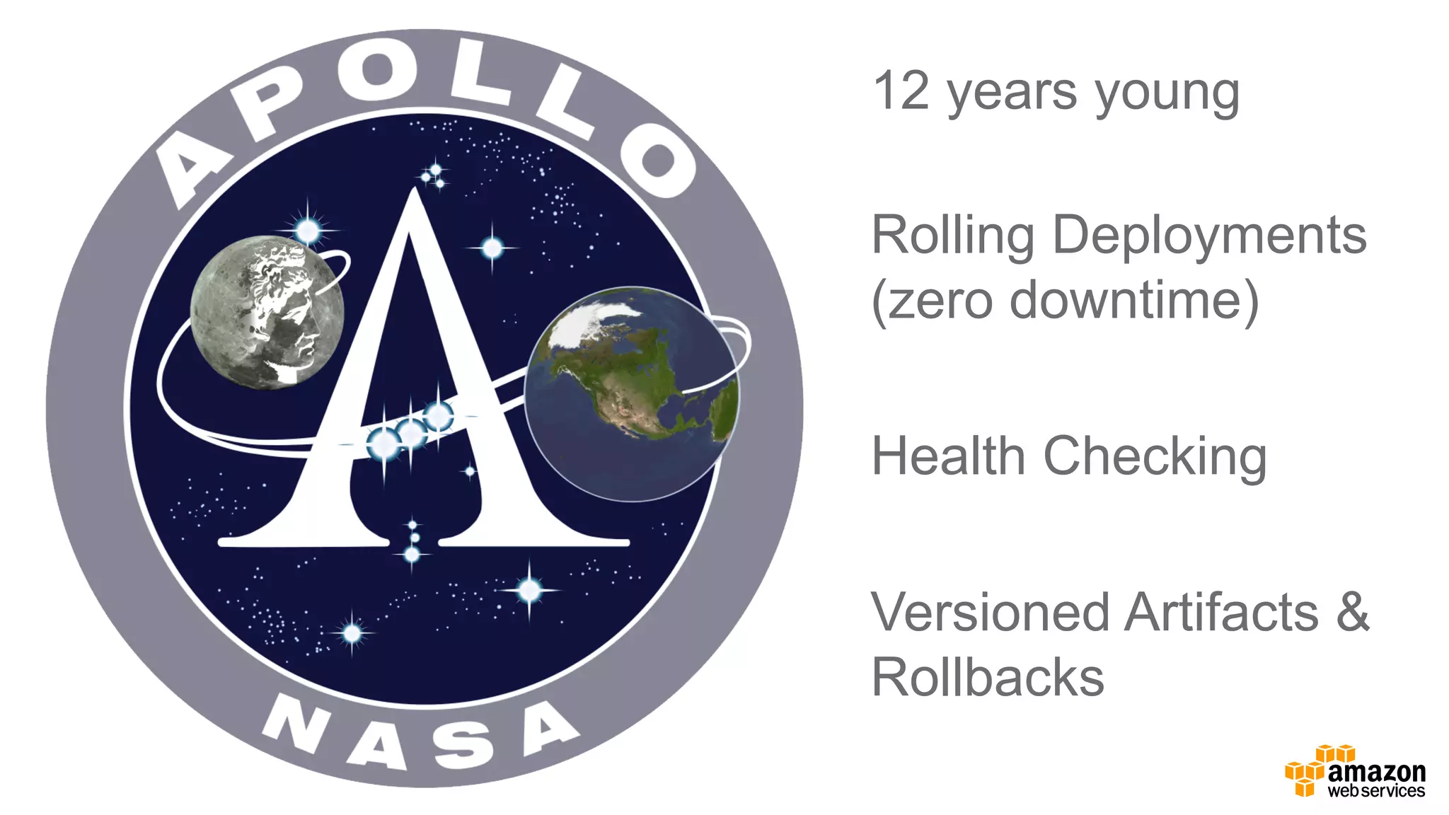 12  years  young
Rolling  Deployments  
(zero  downtime)
Health  Checking
Versioned  Artifacts  &  
Rollbacks
 